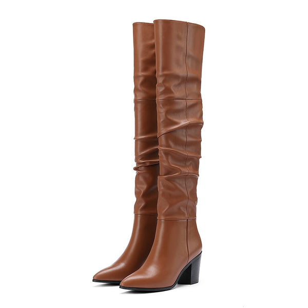 Women's Leather Pointed Toe Thigh High Boots