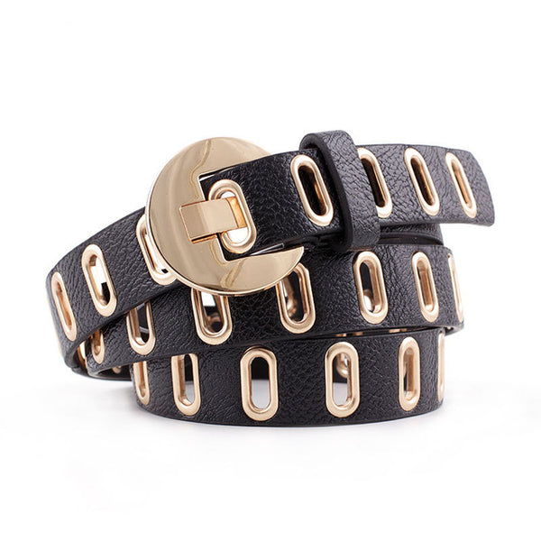 Luxury Leather Rustic Studded Eyelet Wide Belt for Women