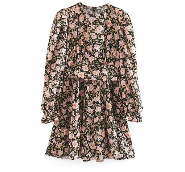 Retro Chic Floral Rose Lantern Sleeve Mini Dress