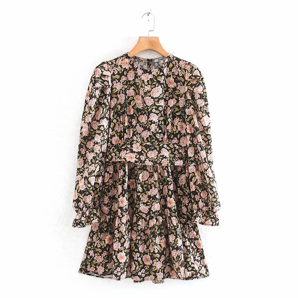 Retro Chic Floral Rose Lantern Sleeve Mini Dress