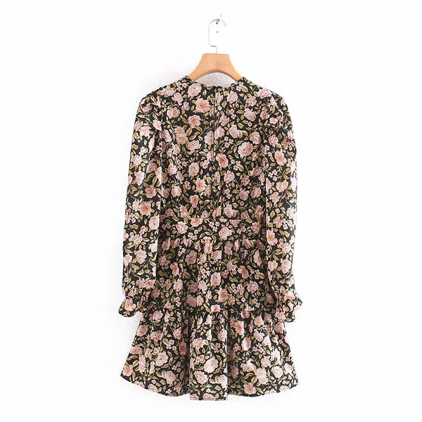 Retro Chic Floral Rose Lantern Sleeve Mini Dress