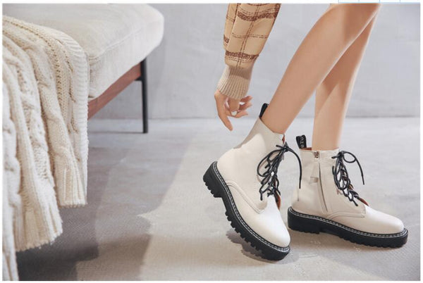 Women's Off White/Eggshell Lace Up Leather Boots