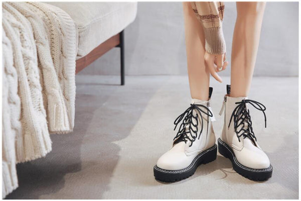 Women's Off White/Eggshell Lace Up Leather Boots