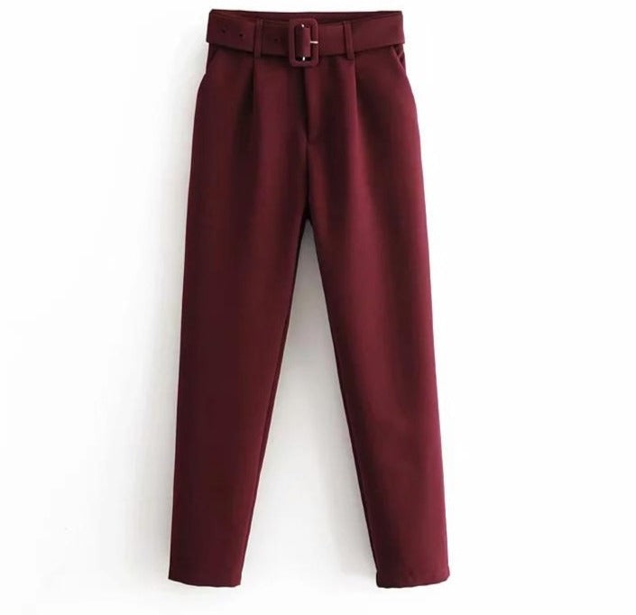 Chic Broadcloth Dress Trousers w Fabric Waist Belt in Maroon