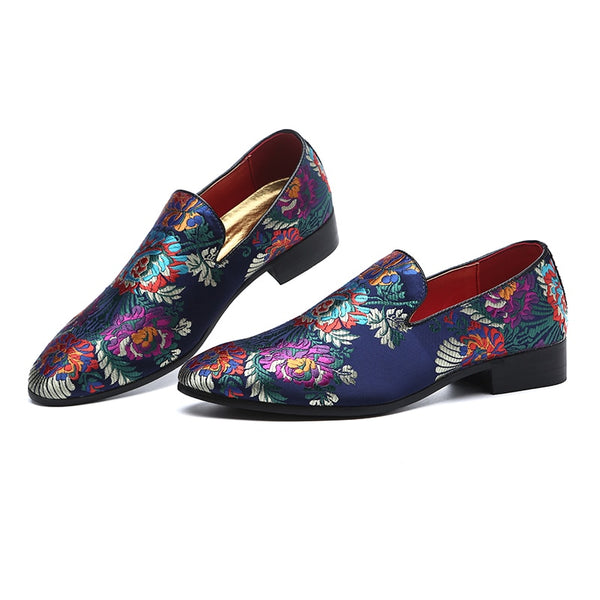 Men's Luxurious Velvet Silk Floral Embroidery Loafers