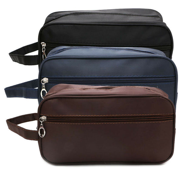 Men's Nylon Leather Toiletry Travel Bag w Zipper and Strap