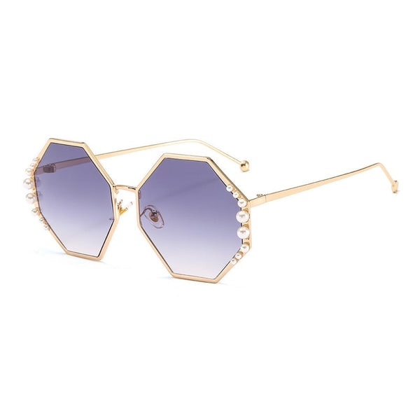 Metallic Pearl Accented Luxury Hexagonal Sunglasses