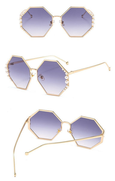 Metallic Pearl Accented Luxury Hexagonal Sunglasses