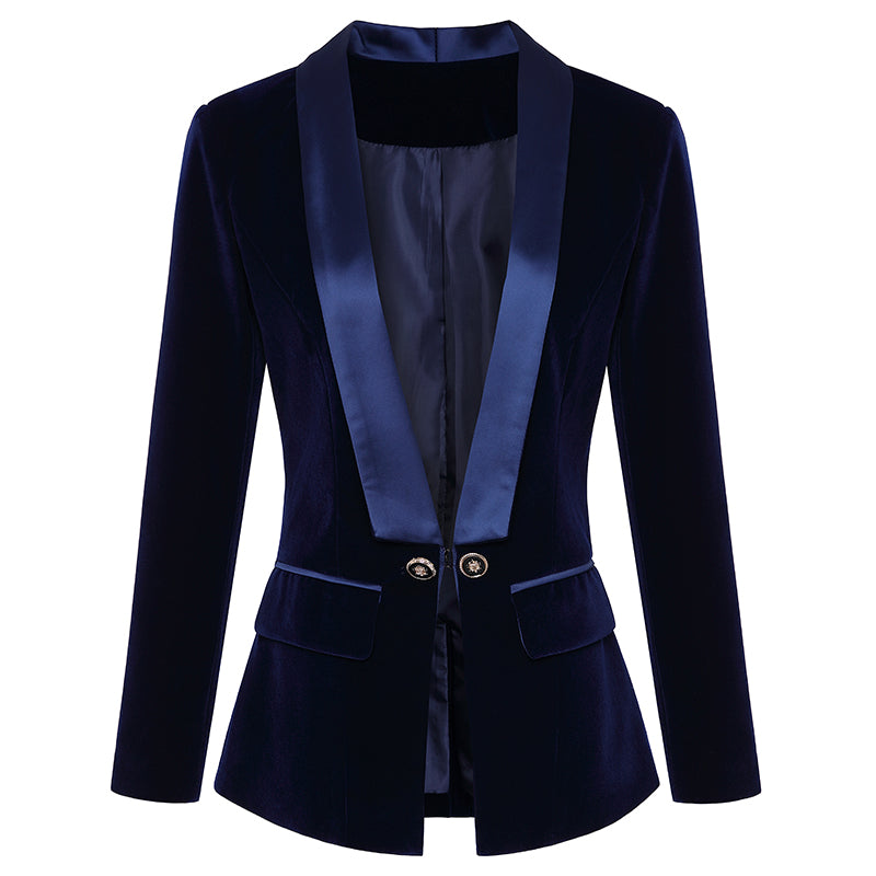 Women's Navy Velvet Evening Jacket Blazer w Straight Lapel