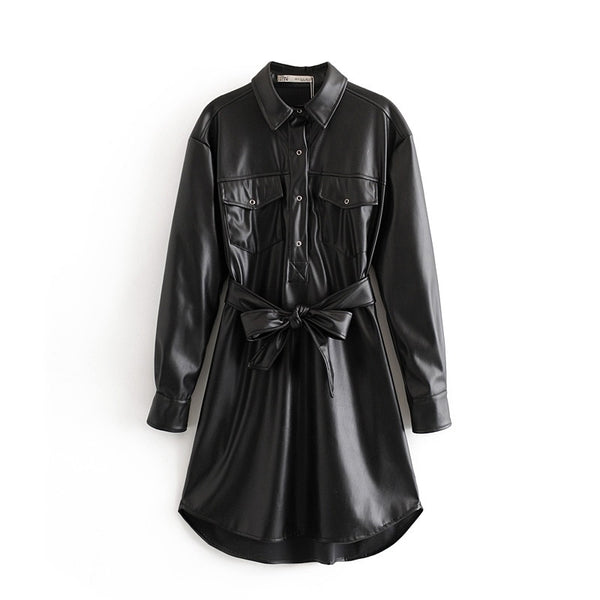 Women's Black Luxury Leather Wrap Dress