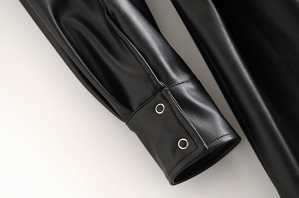 Women's Black Luxury Leather Wrap Dress