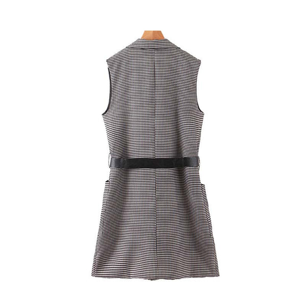 Vintage Houndstooth Waistcoat Sleeveless Wrap Dress