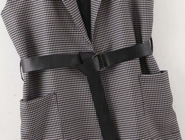 Vintage Houndstooth Waistcoat Sleeveless Wrap Dress