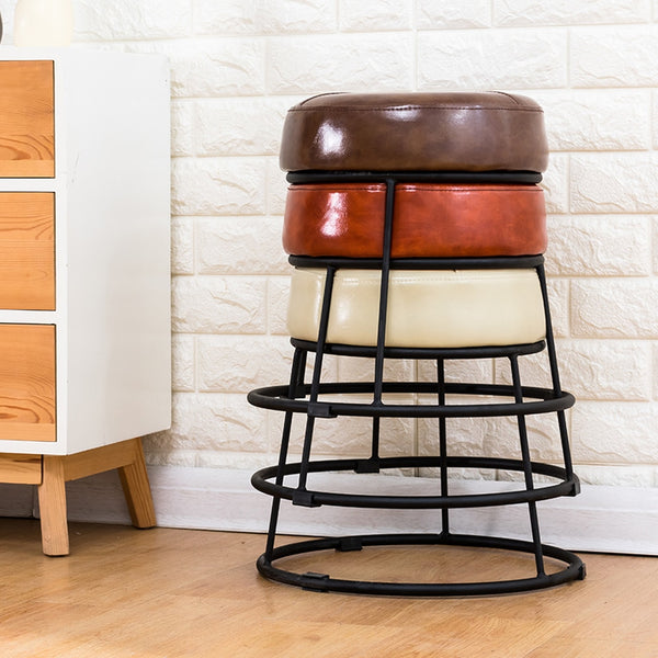 Rustic Industrial Genuine Leather Handmade Living Round Stools