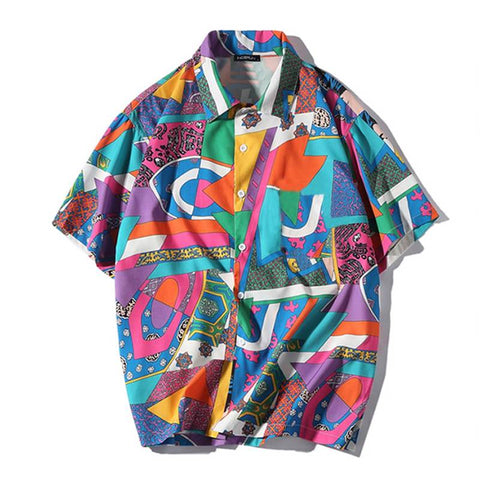 Men's Short Sleeve Cuban Collar Button Down Shirt w Abstract Color Print