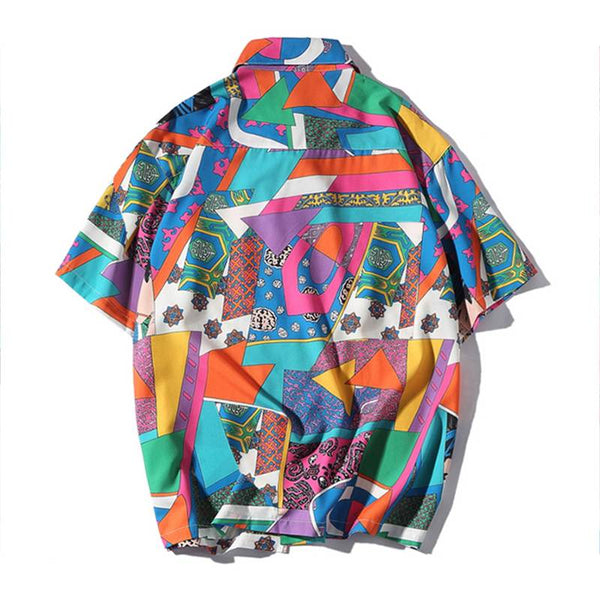 Men's Short Sleeve Cuban Collar Button Down Shirt w Abstract Color Print