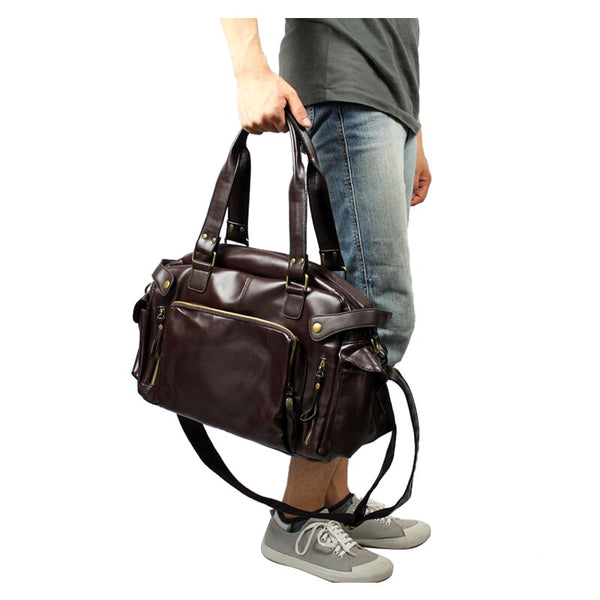 Men's Luxury Vintage Faux Leather Duffle Bag w Shoulder Strap