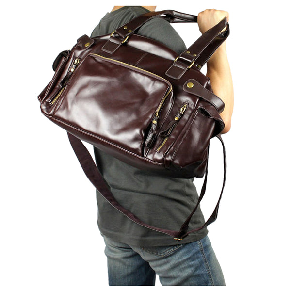 Men's Luxury Vintage Faux Leather Duffle Bag w Shoulder Strap