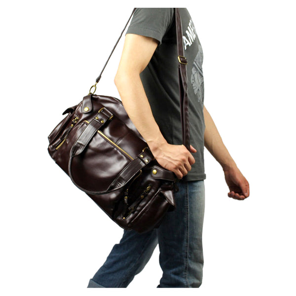 Men's Luxury Vintage Faux Leather Duffle Bag w Shoulder Strap