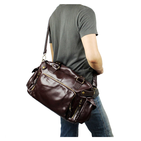 Men's Luxury Vintage Faux Leather Duffle Bag w Shoulder Strap