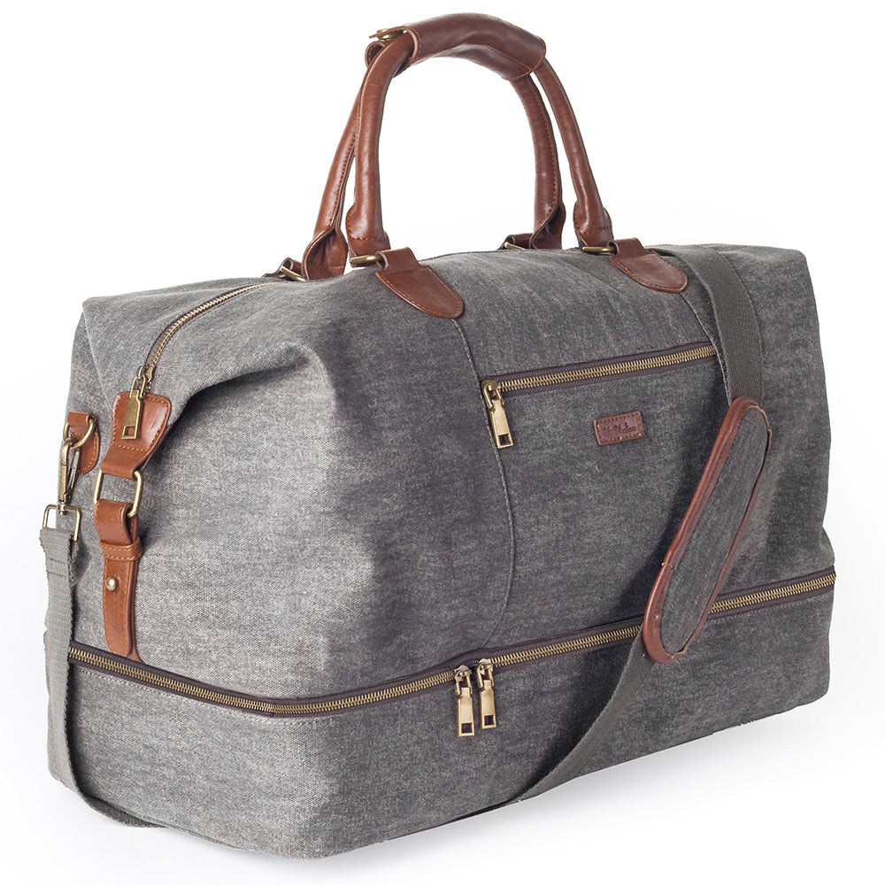 Luxury Canvas Leather Tote Weekender Duffle Bag w Shoe compartment