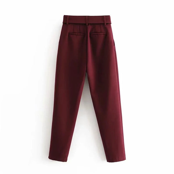 Chic Broadcloth Dress Trousers w Fabric Waist Belt in Maroon