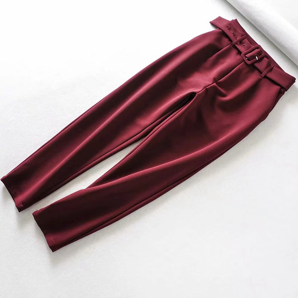 Chic Broadcloth Dress Trousers w Fabric Waist Belt in Maroon