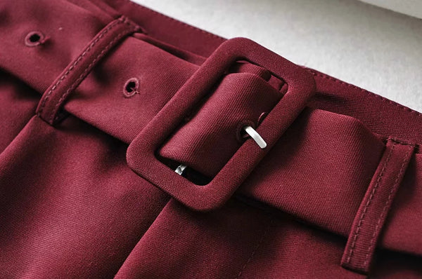 Chic Broadcloth Dress Trousers w Fabric Waist Belt in Maroon