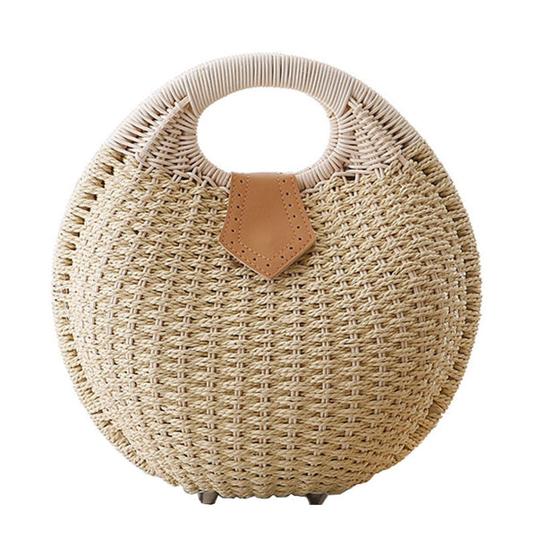 Women's Circular Shell-Shaped Top Handle Straw Handbag