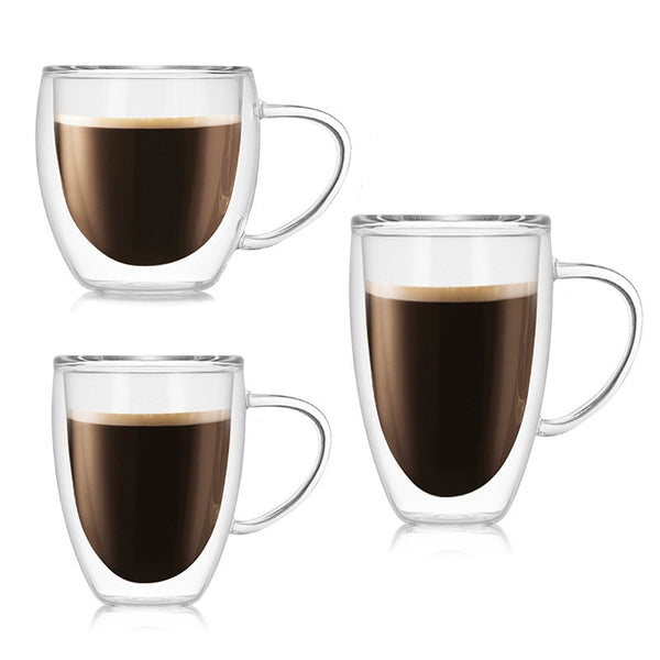 High Quality Glass Heat Resistant Coffee Mug w Handle - 3 Size