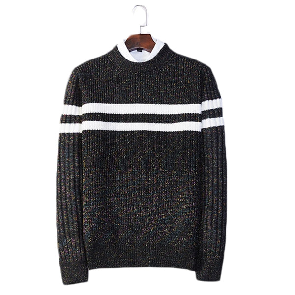 Stylish Modern White Stripe Textured Men's Wool Sweater