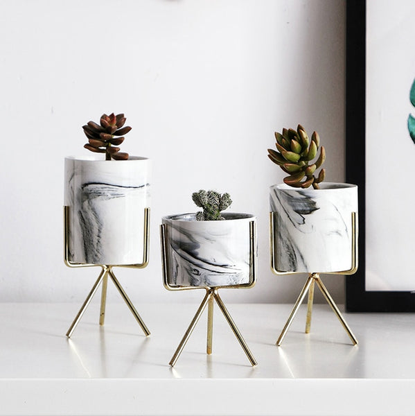 Chic Minimalist Designer Pot Planters w Marble Finish