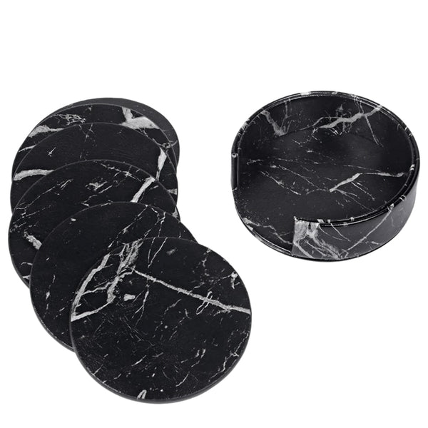 Luxury 6-set Designer Black Marble Leather Table Coasters