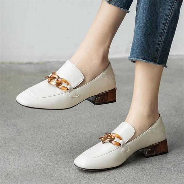 Women's Handmade Genuine Square Heeled Leather Chain Loafers