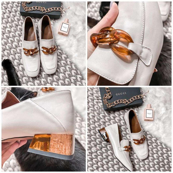 Women's Handmade Genuine Square Heeled Leather Chain Loafers