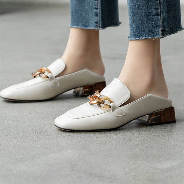 Women's Handmade Genuine Square Heeled Leather Chain Loafers