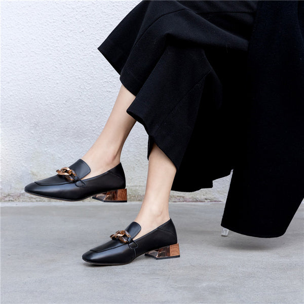 Women's Handmade Genuine Square Heeled Leather Chain Loafers