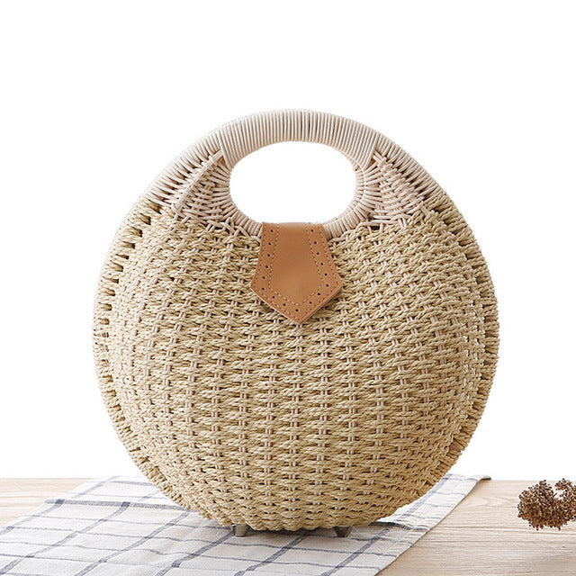 Women's Circular Shell-Shaped Top Handle Straw Handbag