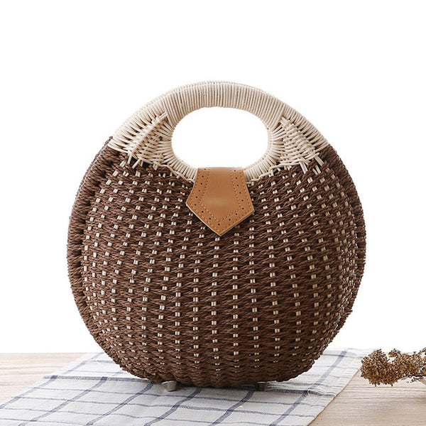 Women's Circular Shell-Shaped Top Handle Straw Handbag