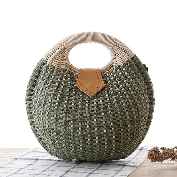 Women's Circular Shell-Shaped Top Handle Straw Handbag