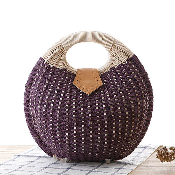 Women's Circular Shell-Shaped Top Handle Straw Handbag