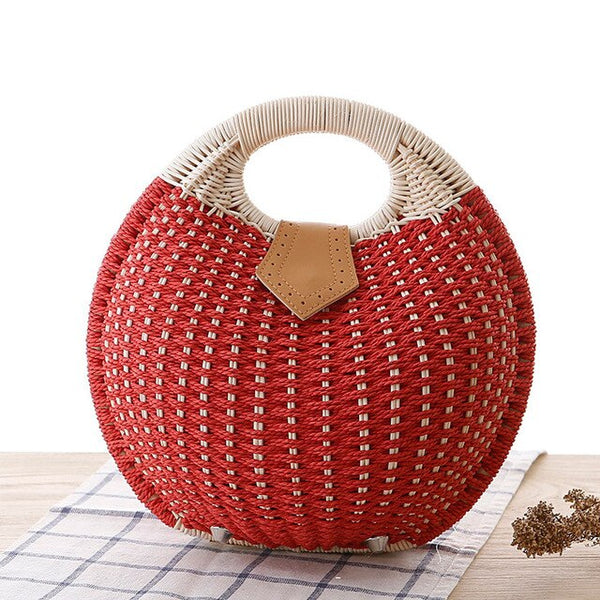 Women's Circular Shell-Shaped Top Handle Straw Handbag