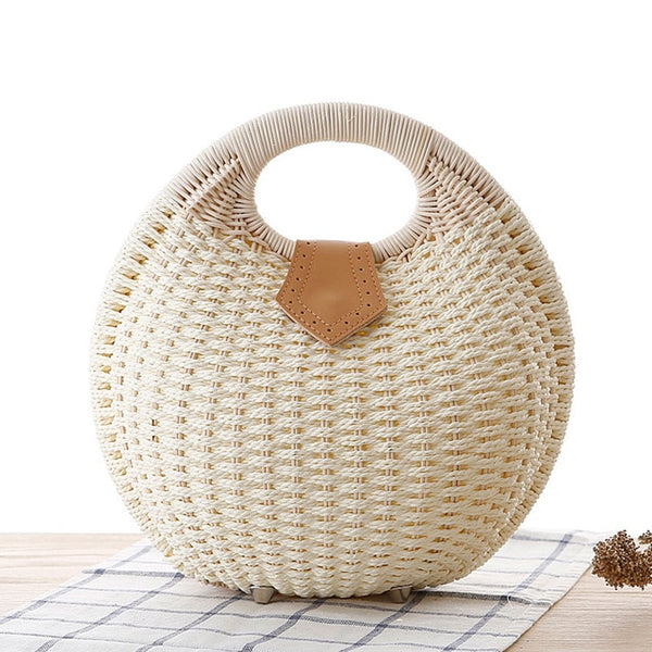 Women's Circular Shell-Shaped Top Handle Straw Handbag