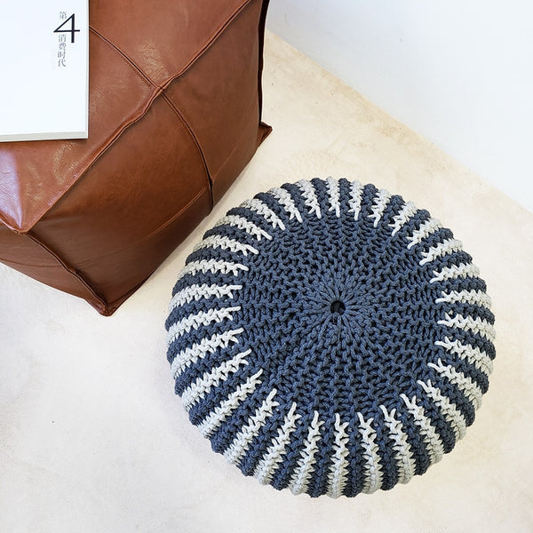 Handmade Navy & White Cotton Knit Ottoman Pouf