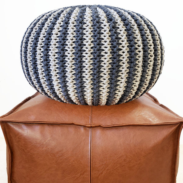 Handmade Navy & White Cotton Knit Ottoman Pouf