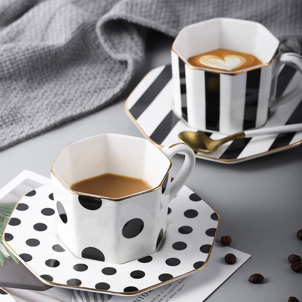 British Elegance Handmade Striped Coffee/Tea Mug w Octagonal Saucer