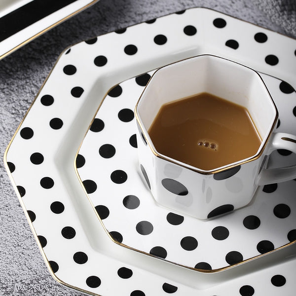 British Elegance Handmade Polka Dot Coffee/Tea Mug w Octagonal Saucer