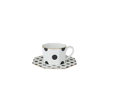 British Elegance Handmade Polka Dot Coffee/Tea Mug w Octagonal Saucer