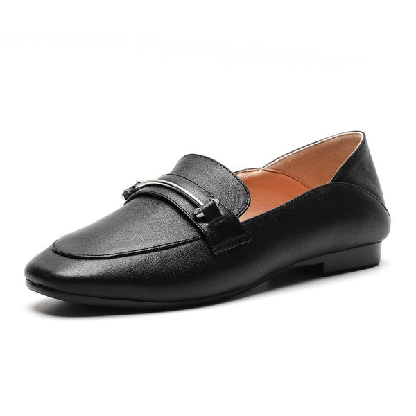 Soft Genuine Leather Women's Flat Square Toe Loafers