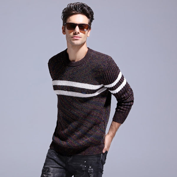 Stylish Modern White Stripe Textured Men's Wool Sweater